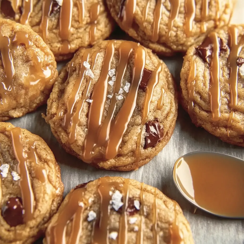 Eine Schüssel mit Chocolate Chip Caramel Cookies, die mit Caramel sauce garniert sind.