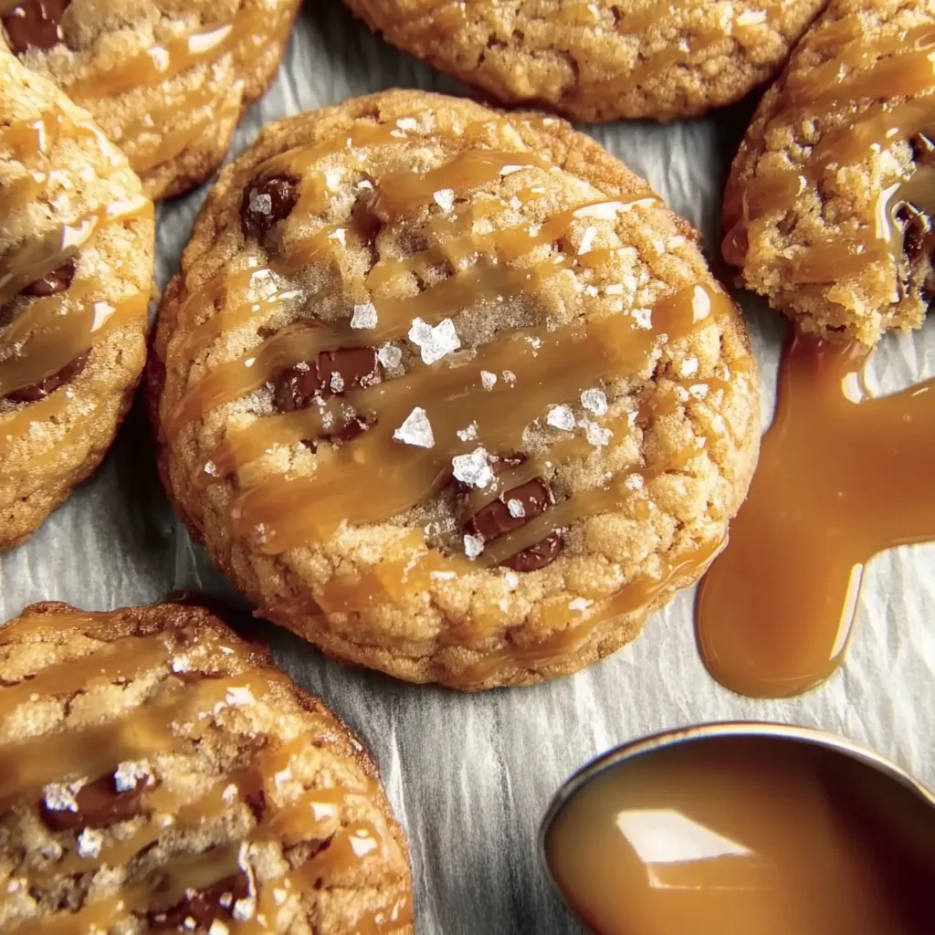 Ein Batch von Chocolate Chip Caramel Cookies auf einem Teller.