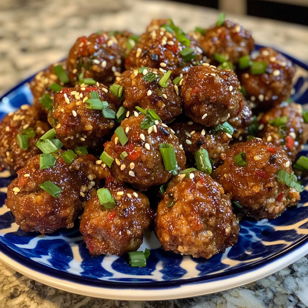 A plate of meatballs with green onions on top.