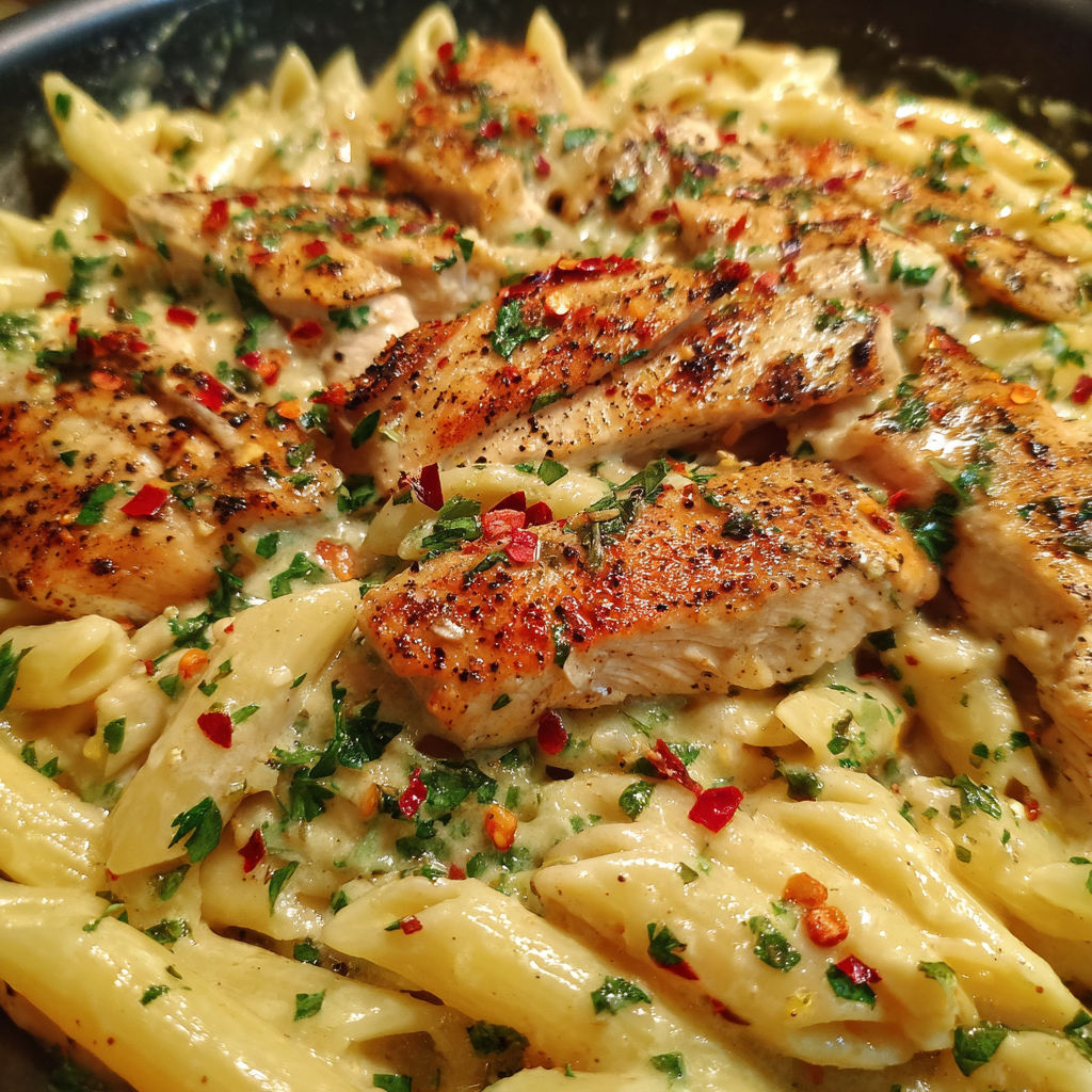 A plate of pasta with chicken and peppers.