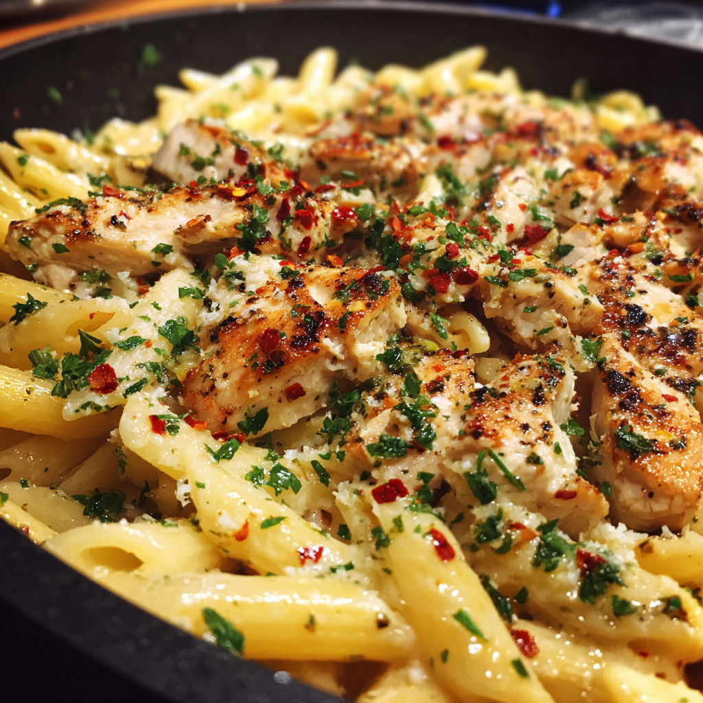 A plate of pasta with chicken and spices.