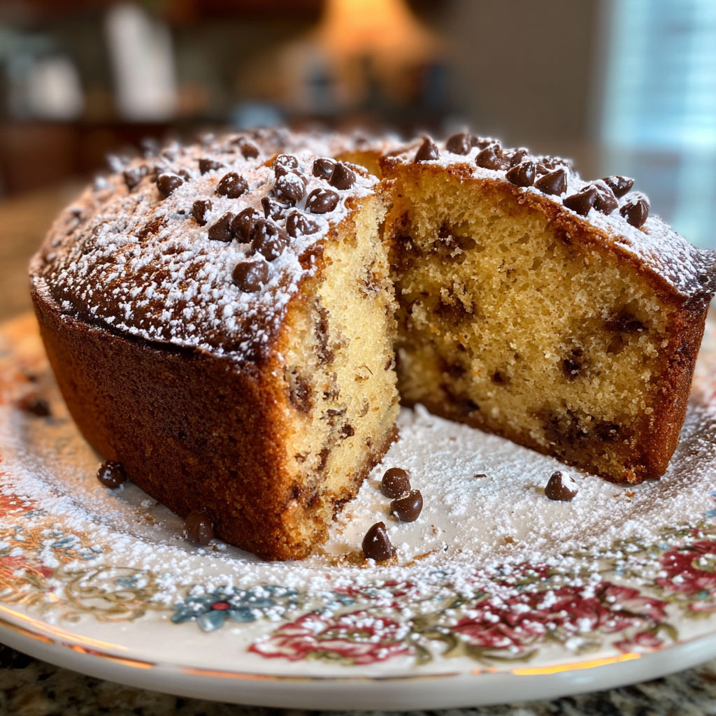 A slice of cake with chocolate chips and powdered sugar.