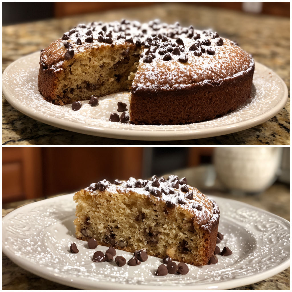 A slice of cake with chocolate chips and powdered sugar.