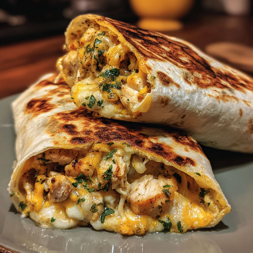 A burrito with chicken and cheese.
