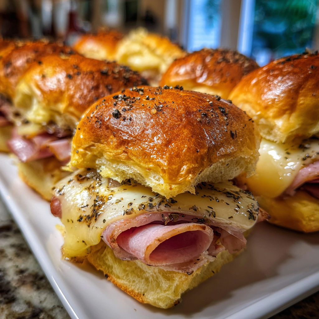 A plate of sandwiches with meat and cheese.