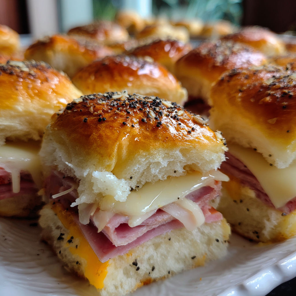 A plate of sandwiches with cheese and meat.