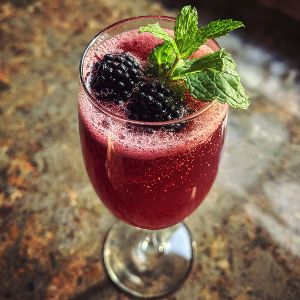A glass of blackberry mimosa with a mint garnish.