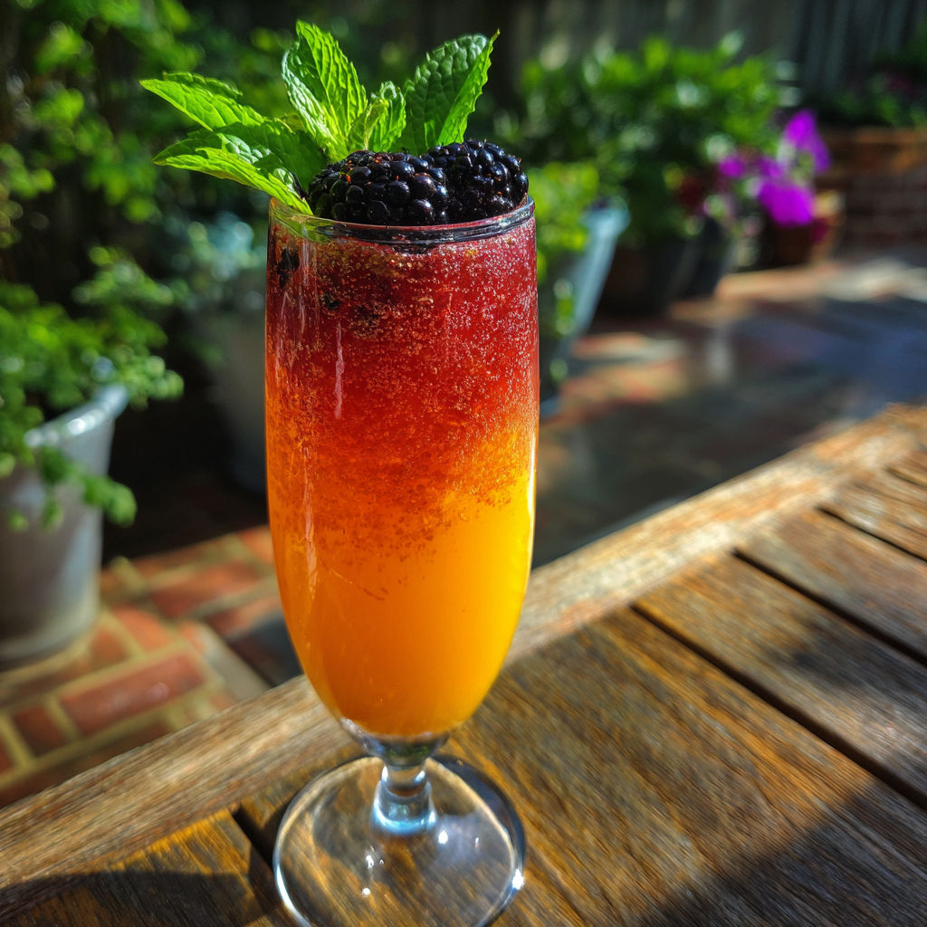 A glass of blackberry mimosa with a mint garnish.