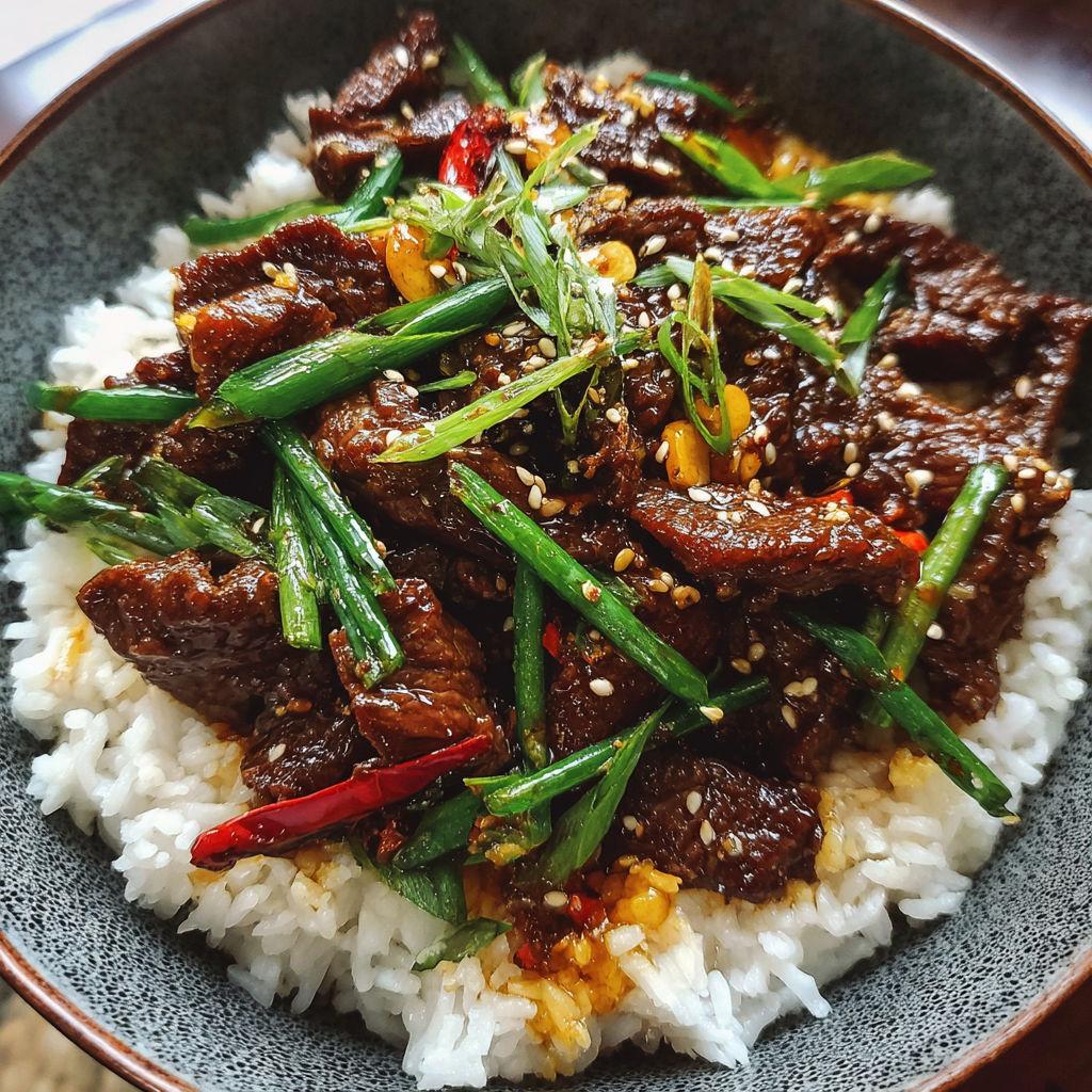 A bowl of Mongolian beef with rice.