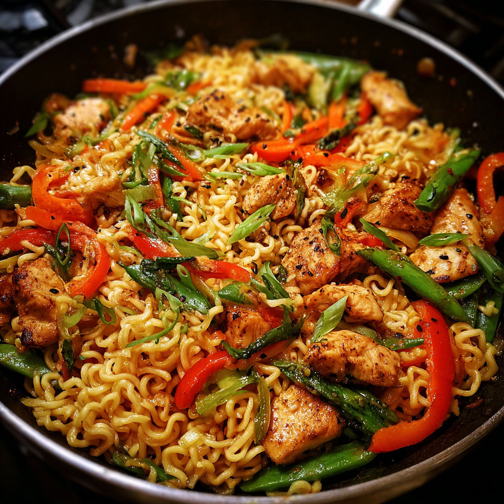 A stir fry with chicken, peppers, and noodles.