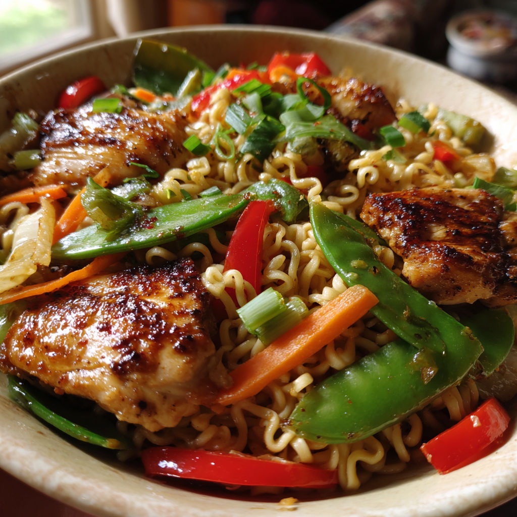 A bowl of food with chicken, carrots, peppers, and noodles.