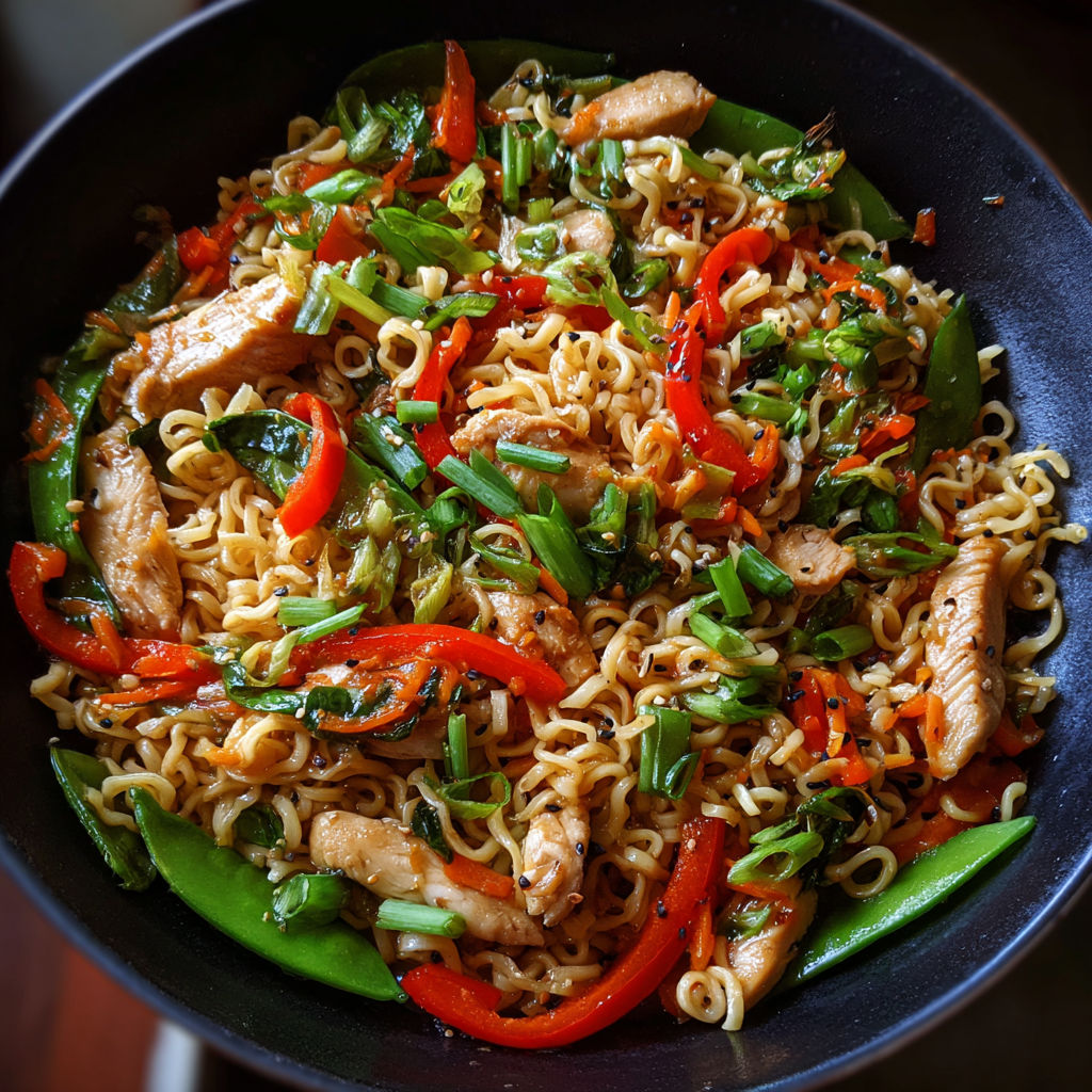 A bowl of noodles with vegetables and meat.