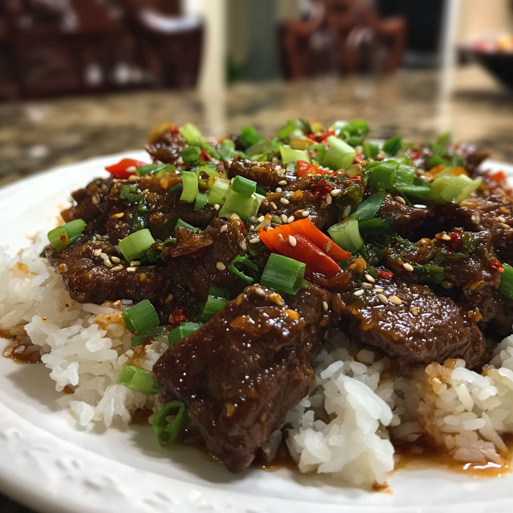 A plate of Mongolian beef with rice.