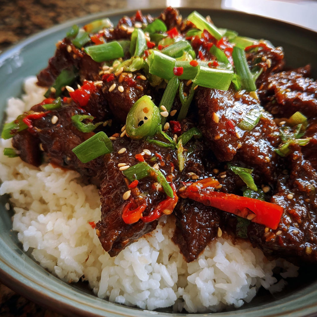 A plate of Mongolian beef with rice.