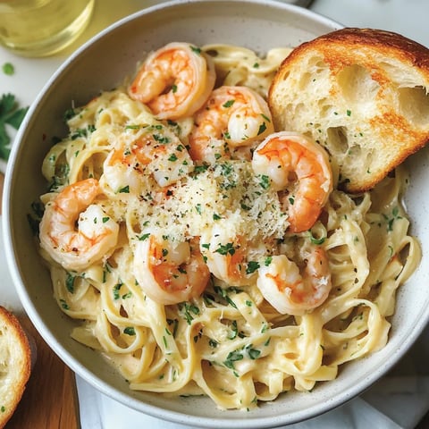 Ein Schälchen mit Pasta, Shrimp und Parmesan.