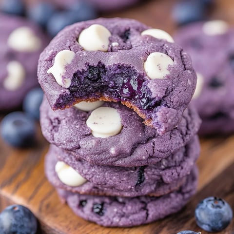 Eine Platte mit Purpur-Biskuits, die mit Blaubeeren und Schokolade garniert sind.