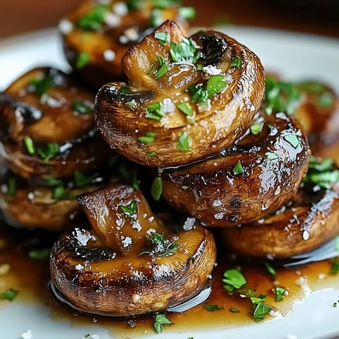 Eine Platte mit frisch zubereiteten Champignons, die in einer Sauce serviert werden.