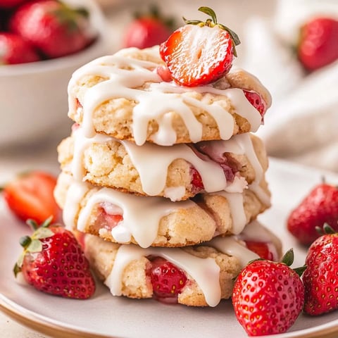 Ein Plate mit Erdbeer-Shortcake-Kekse, die mit Strawberries garniert sind.