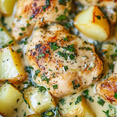 Ein Hähnchen mit Kartoffeln und Knoblauch in einer Parmesan-Rahmsauce.