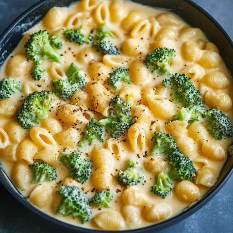 Ein Schälchen mit cremiger Mac & Cheese und Brokkoli.