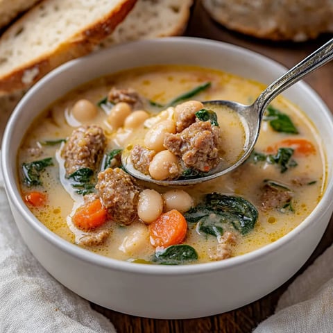 Ein weißer Teller mit einer Toskanischen Weißen-Bohnen-Suppe, die mit einer Gabel gestochen wird.