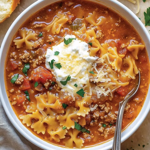 Ein weißer Käsekopf auf einem Bilde, das eine Schüssel mit Nudelsuppe und Fleisch enthält.