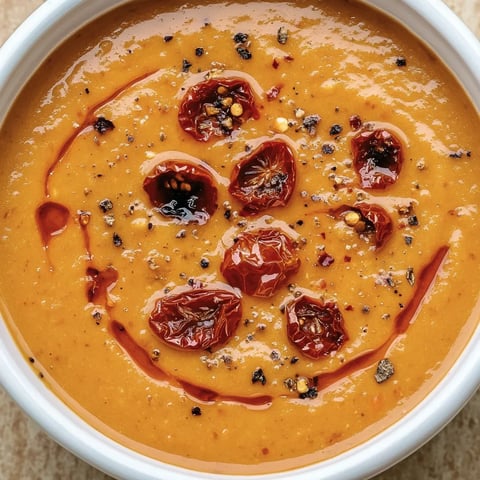 Eine Cremige geröstete Knoblauch-Tomatensuppe in einem weißen Behälter mit gerösteten Tomaten und Knoblauch.