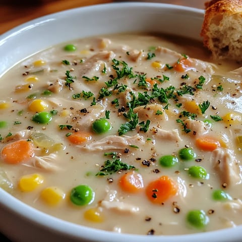 Ein weißer Teller mit einer Suppe, die aus Chicken, Peas, Karotten und Zwiebeln besteht.