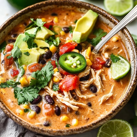 Ein Glas mit einer cremigen Chicken Taco Suppe, die mit verschiedenen Zutaten wie Kartoffeln, Tomaten, Avocado, Lime und Zwiebeln garniert ist.