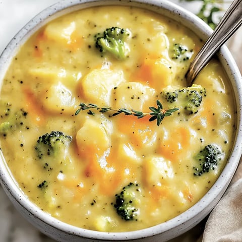 Ein Glas mit einer cremigen Suppe, die mit Broccoli und Kartoffeln zubereitet wurde.