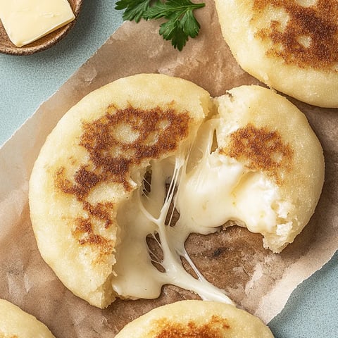Ein Stück Arepas mit Queso auf einer Schüssel.