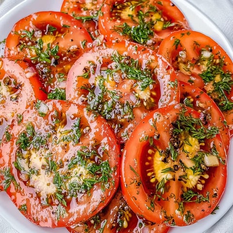 Ein weißer Teller mit frischen Tomaten, die in einer Marinade getaucht sind.