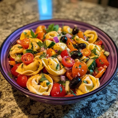 A bowl of pasta salad with tomatoes, cucumbers, and olives.