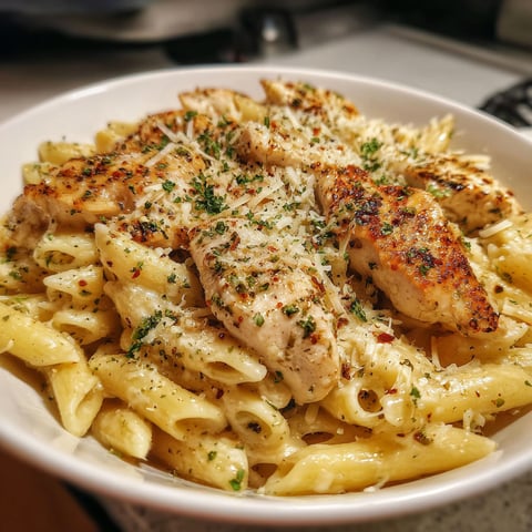A bowl of pasta with chicken and cheese.
