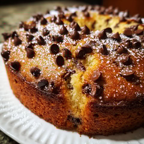 A chocolate chip cake with chocolate chips on top.