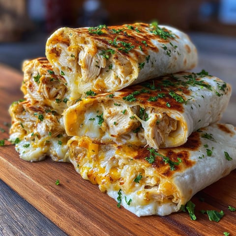 A stack of ooey-gooey cheesy garlic chicken wraps.