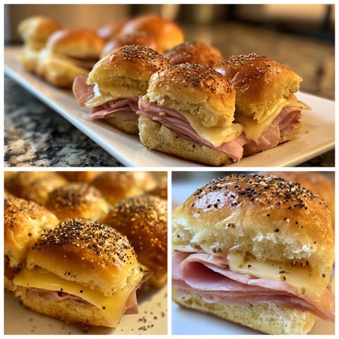 Four different shots of ham and cheese sliders.
