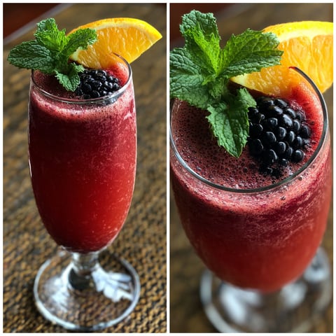 A glass of blackberry mimosa with a slice of orange on top.