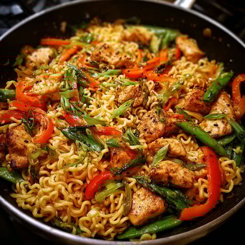 A stir fry with chicken, peppers, and noodles.